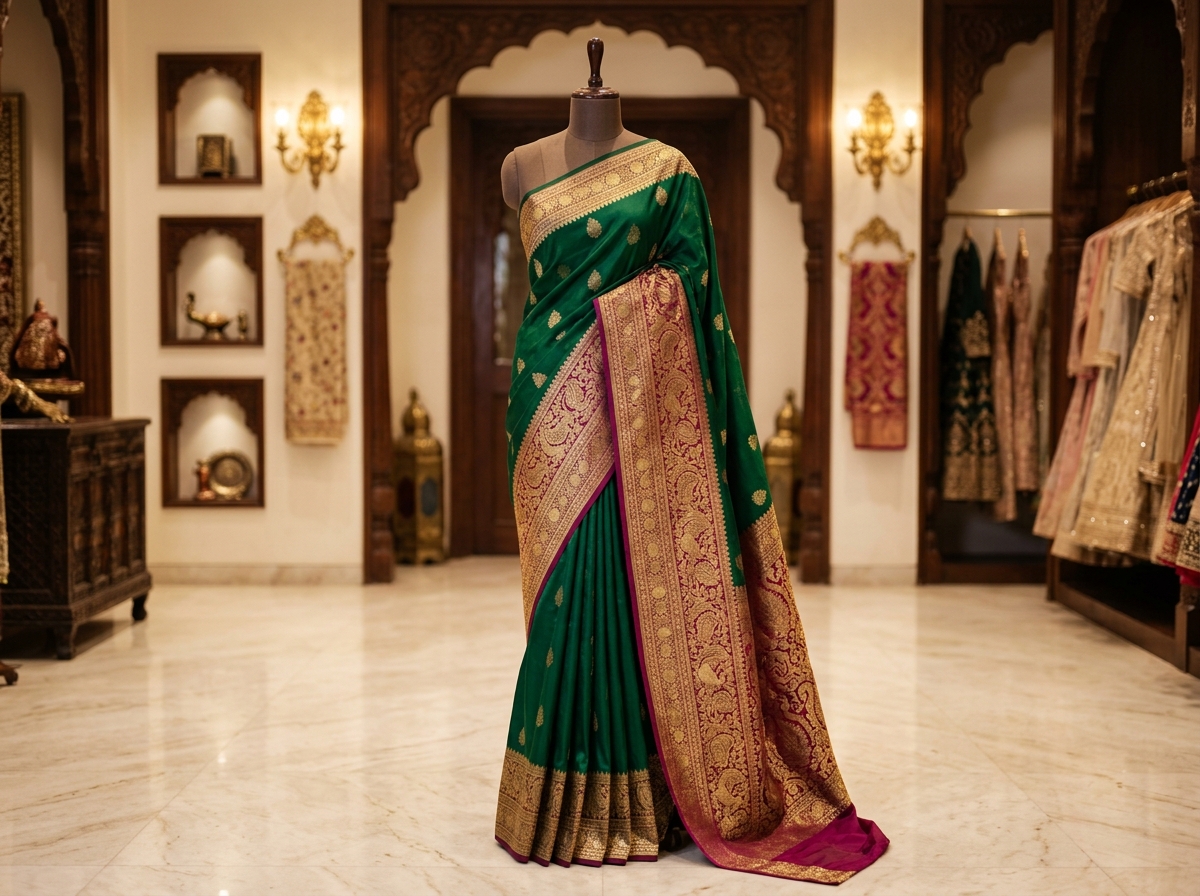 Sutrakale Designer Studio Royal Emerald Green Saree with Gold Zari Pallu on Boutique Mannequin