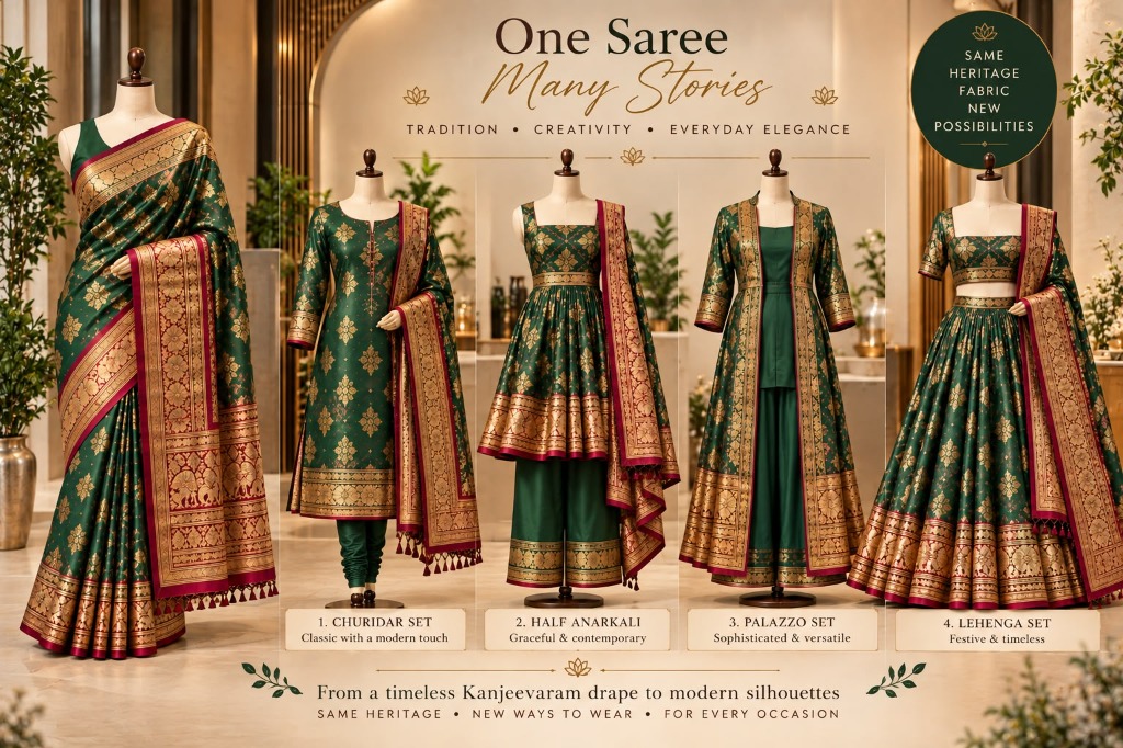 One Saree Many Stories - Traditional Silk Saree Reimagined into Anarkali Suit, Crop Blouse with Palazzo, Shirt-Style Dress and Lehenga Set on mannequins
